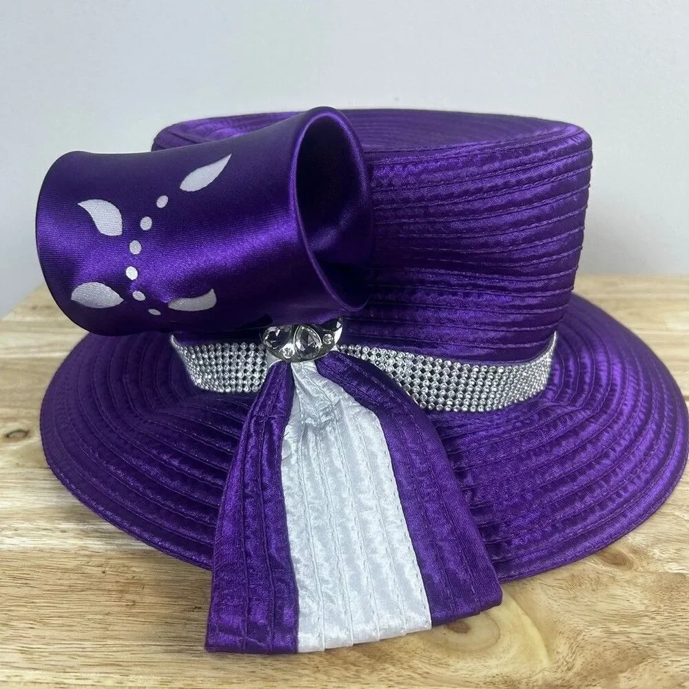 Purple Church Hat Womens Dress Derby Satin Ribbon Rhinestone Bow Top Hat